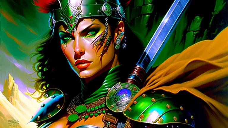 portrait oil on canvas, beautiful punk busty female Barbarian Warrior,green eyes, ,minimal armor,comic book cover, mystical colors,insanely detailed,realistic,intrincate detail, 16k resolution, masterpiece,Frank Frazetta,Alex Horley, Simon Bisley