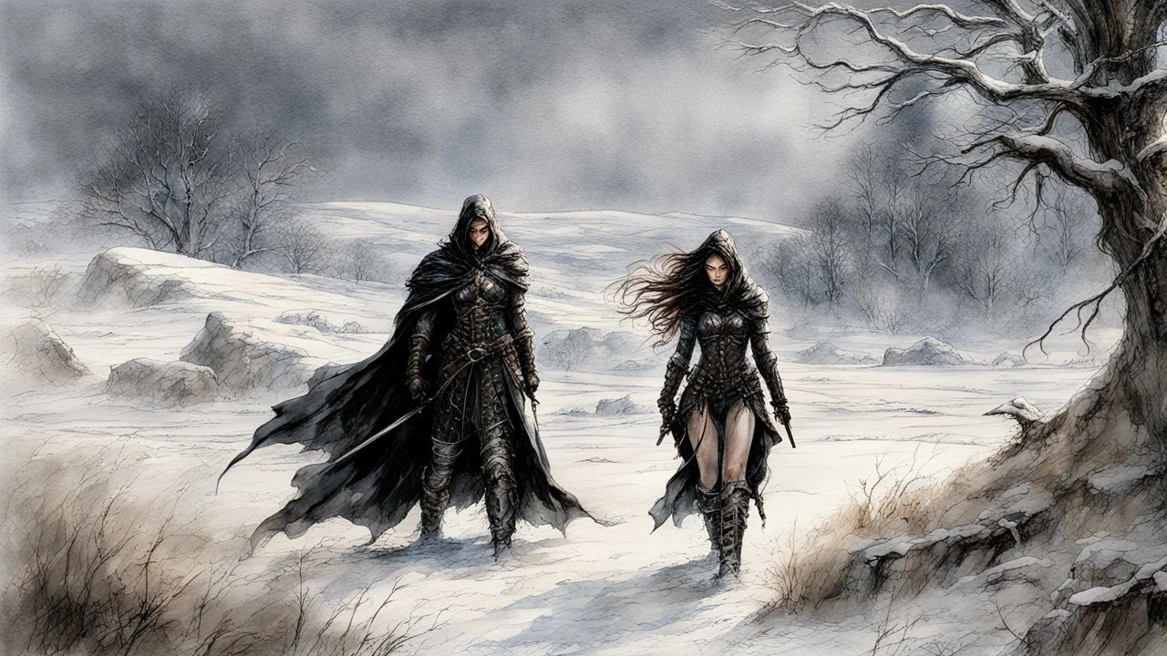 Hyper-photorealistic watercolor art style by Luis Royo , a warrior woman in black armor on the background of a cold snow-covered country, ice and crystal, frost and snow, hyperdetailed face, full body diagonal shot, encounters male bandits in dark fantasy countryside setting, absence of mysterious elements, dramatic lighting, ultrafine detail, octane rendering., by