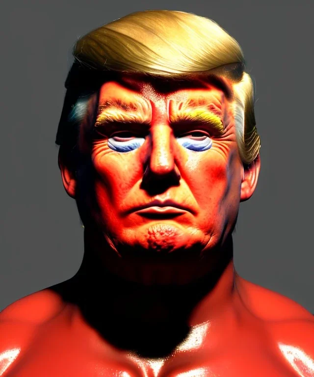 Wrestler Donald trump, wrestling, American shot, sweat, blood, red breeches, suspenders, retro style, 80s, hot ambient, photo studio, vibrant color, gradient, highly detailed, art stations, concept art, smooth, unreal engine 5, god rays, ray tracing, RTX, lumen lighting, ultra detail, volumetric lighting, 3d, finely drawn, high definition, high resolution.