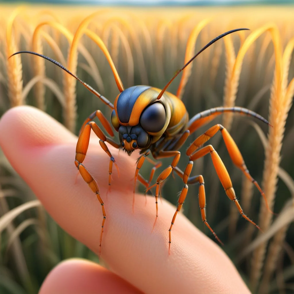 A colorful insect on a child's palm with a background of a hay field, an insect, a weta disney pixar, an insect, a still image of a weta disney, a weta disney, which looks like an insect, a portrait of an insect, a picture of a crazy wasp, a 3D rendering of a complex wasp, Folded Insect Forearms, Weta, Giant Insects, Weta Studio, Thopter from magic the collection