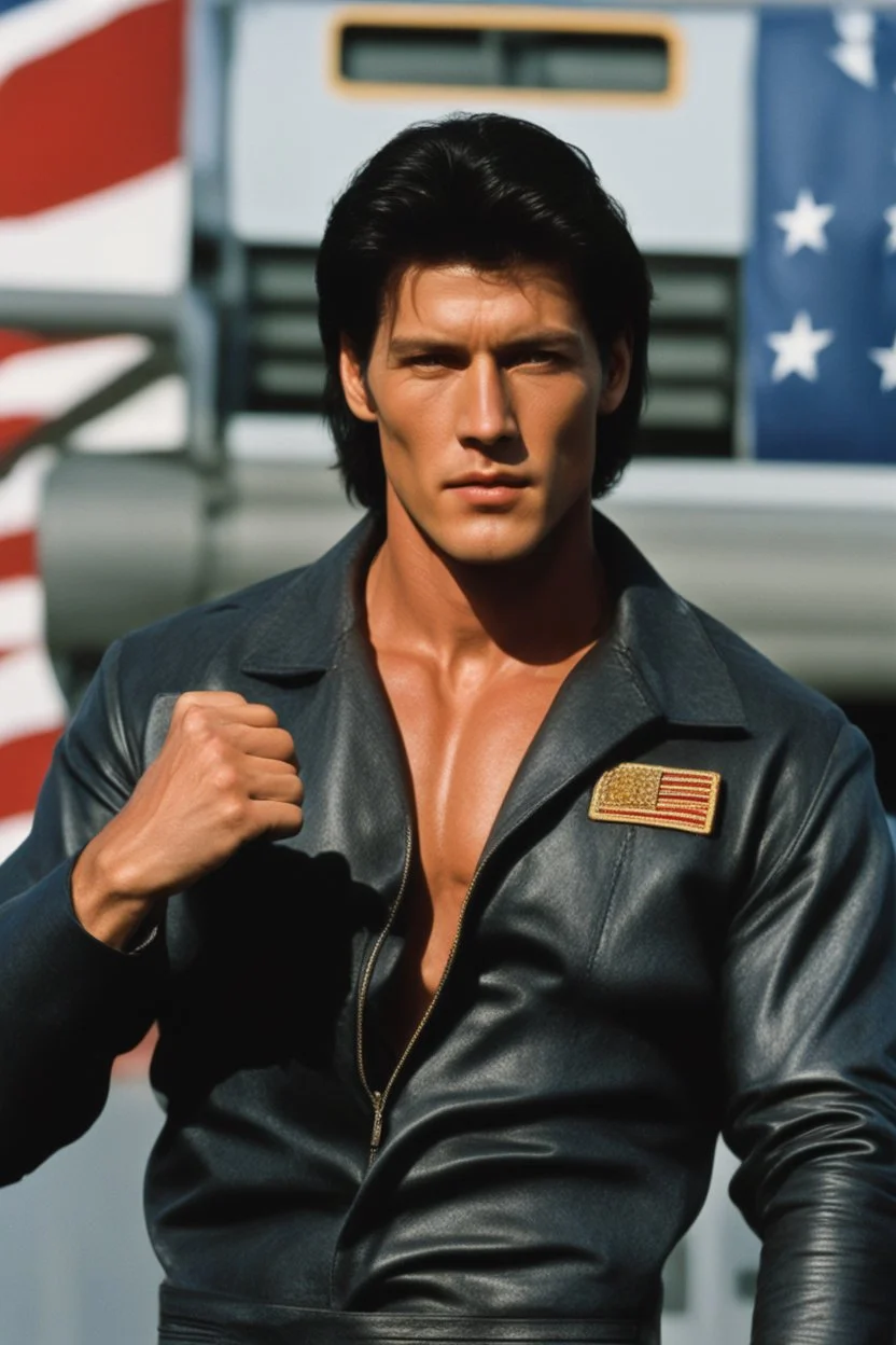 20-year-old, extremely muscular, short, curly, buzz-cut, military-style haircut, pitch black hair, Paul Stanley/Elvis Presley/Keanu Reeves/Pierce Brosnan/Jon Bernthal/Sean Bean/Dolph Lundgren/Patrick Swayze/ hybrid, as the extremely muscular Superhero "SUPERSONIC" in an original patriotic red, white and blue, "Supersonic" suit with an America Flag Cape,