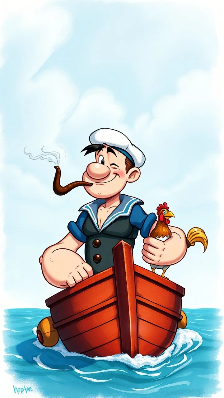 Popeye the sailor the cartoon character with huge muscles smoking his pipe, petting his chicken on his awesome boat, 3d, airbrush with pen outline