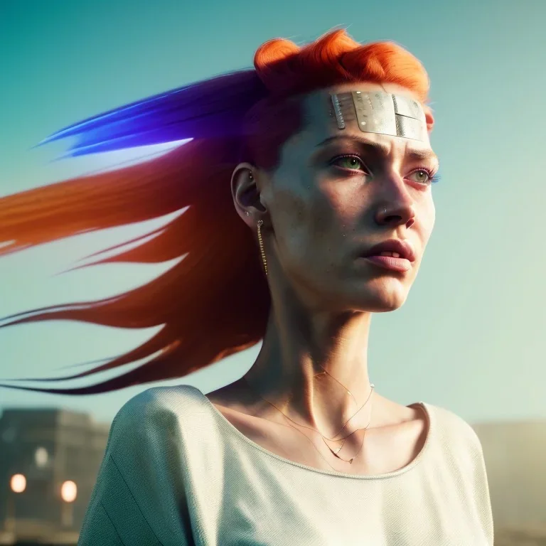 A beautiful portrait of a cyberpunk woman with lot's of grain on her skin red head with hair flying in the wind cyborg smiling facing camera orange color scheme, high key lighting, volumetric light high details with white stripes and feathers unreal 5, octane render, cinema4d, dynamic lighting, dramatic lighting, 4k, redshift render, highly detailed, hyper realistic