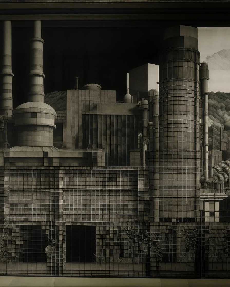 A dark warm gray ominous mega factory designed in medieval tapestry painted by Raymond Duchamp-Villon