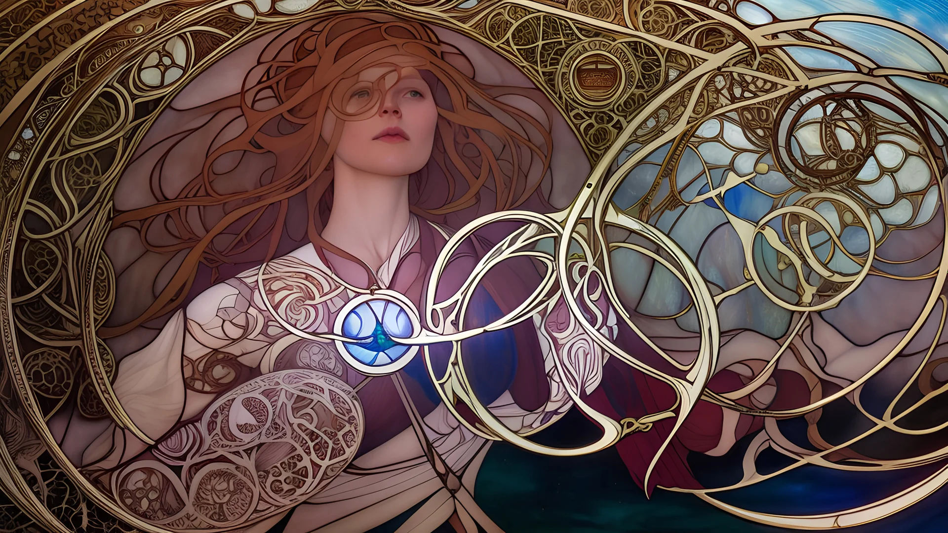 art by Alfons Mucha and Patrick Woodroffe, stained glass motif, Ouroboros, infinity symbol, mystical, mechanistic, metaphysical, serpentine, cosmic, nebula, HD 4K, sharp detail, photo-realistic, octane rendering, award winning photography, cinematic lighting