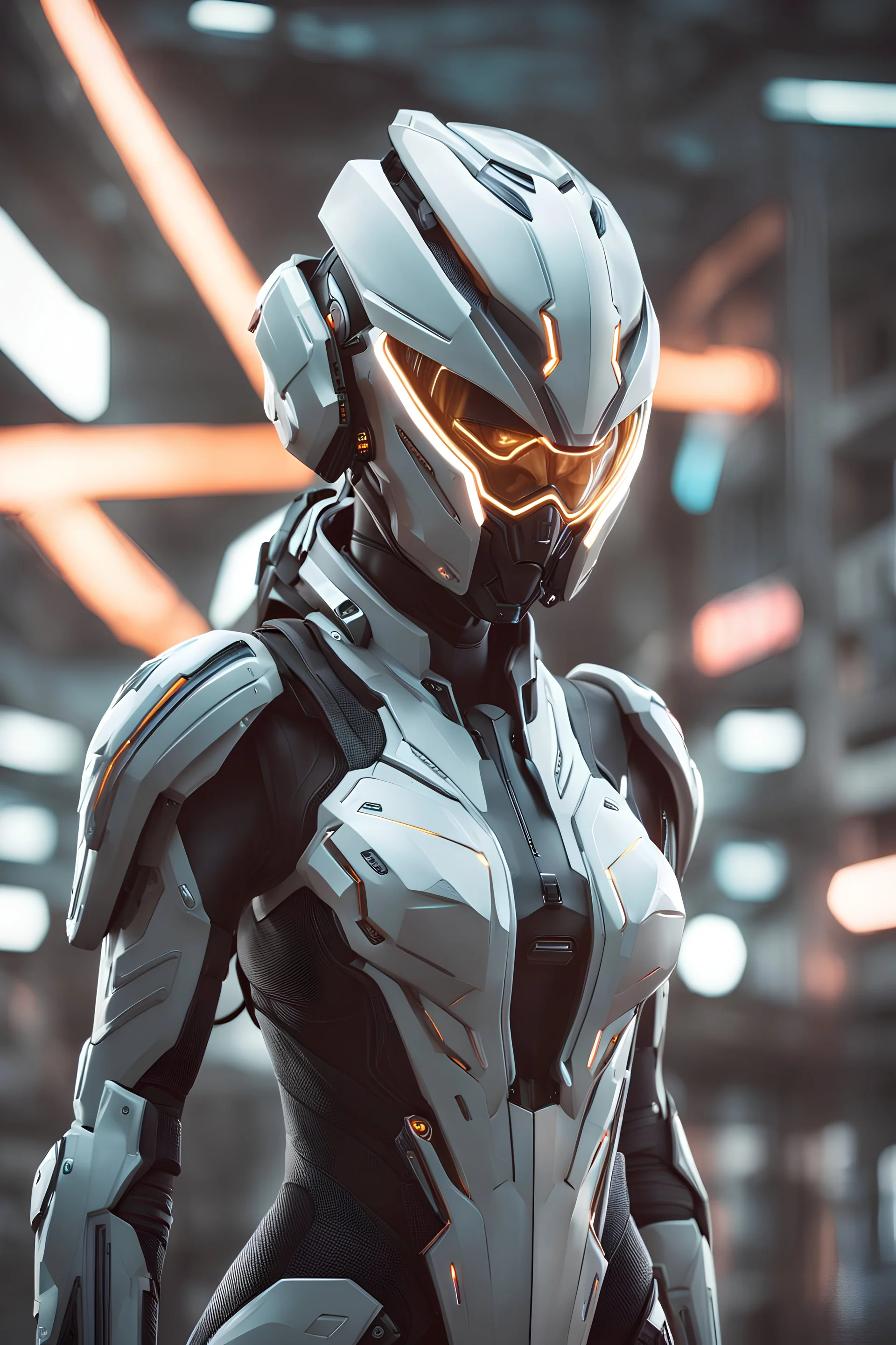 best quality, masterpiece, cg, wallpaper, hdr, high-definition, extremely detailed, photorealistic, 1girl, solo, smooth curves, aggressive, futuristic military cyborgs, cyberpunk, (warframe), stealth, armored, neon lights, white color, epic, character design, hard surface, smooth, detailed face, intricate details, symmetrical, volumetric lighting, ambient light, real-time, vfx