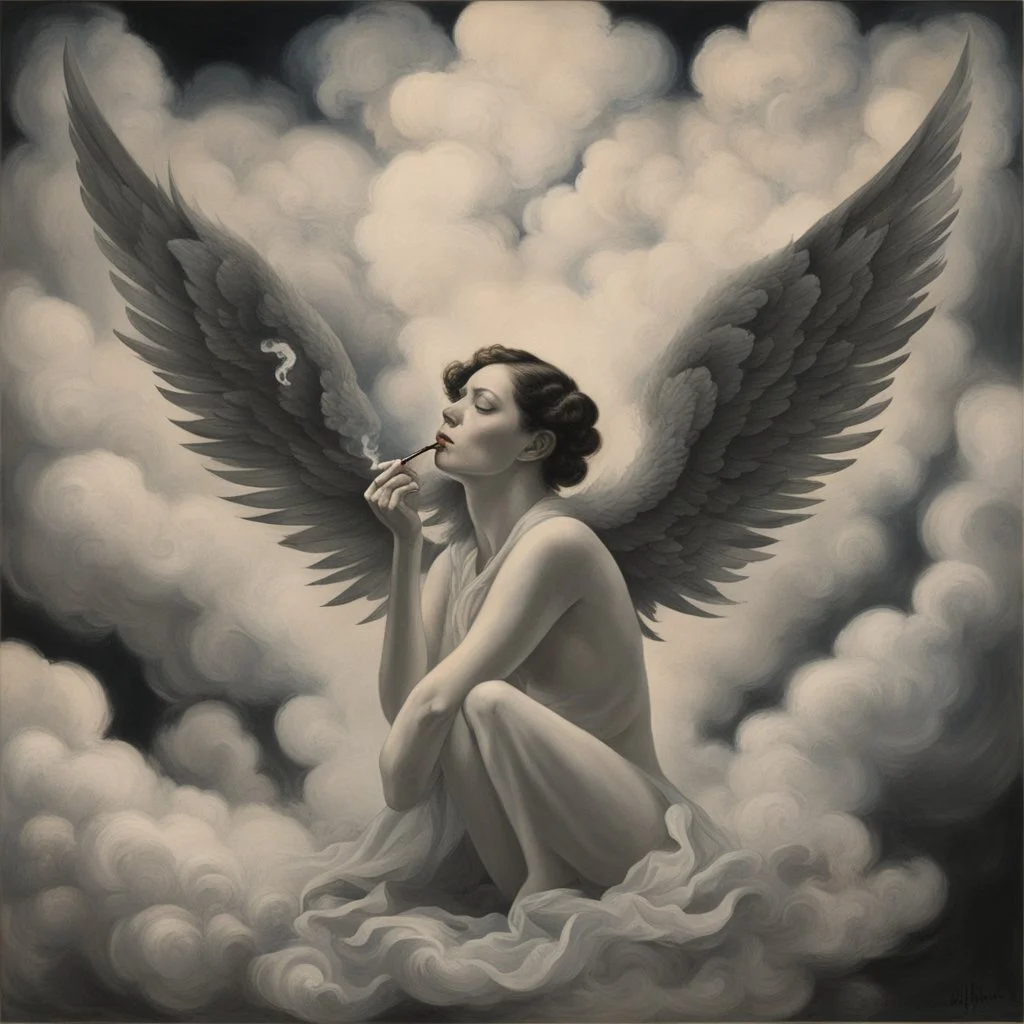 women sitting forward Her face turned upwards and blows cigarette smoke from their mouth. It depicts a figure with wings emerging from its back. behind the clouds of smoke seen death.