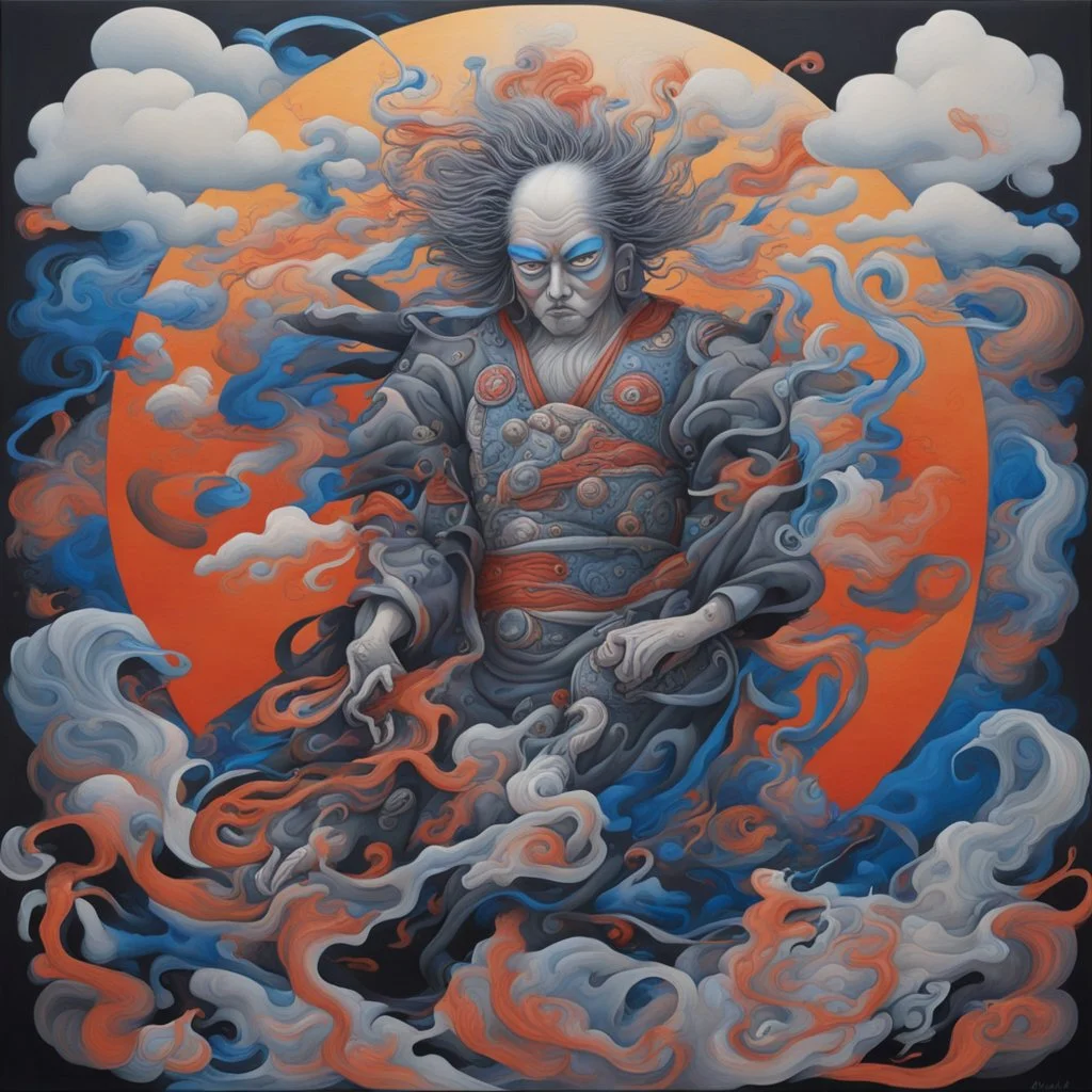 acrylic on silk painting, JAPANESE SPIRIT NO. 6, by Tenmyouya Hisashi, dynamic composition, surreal man machine hybrid, epic masterpiece