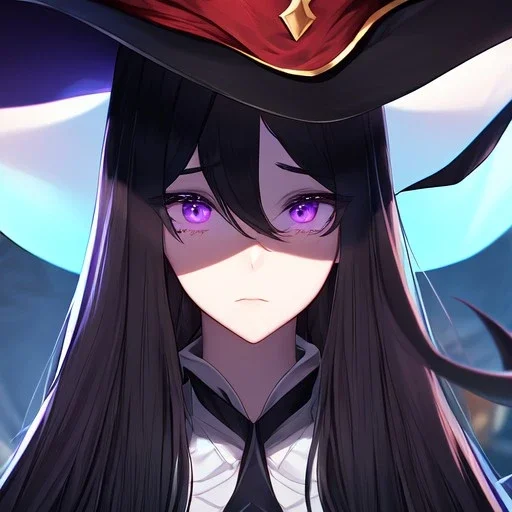 Clear focus,8k,Beatiful Lighting,Beatiful Blur,Beatiful Face,Beatiful Shading,Black long hair,silky hair, long silky bangs, Purple eyes, wearing a witch outfit, extreme close up, Hair in eyes