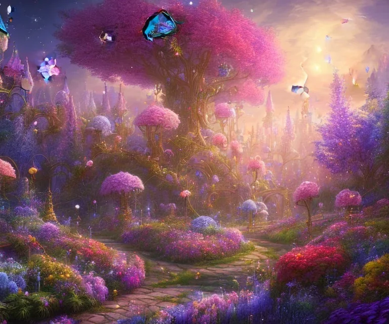 mondo fairy,paesaggio da favola notturno con fiori fluoriscenti, alberi magici,fiori colorati luminosi, farfale.