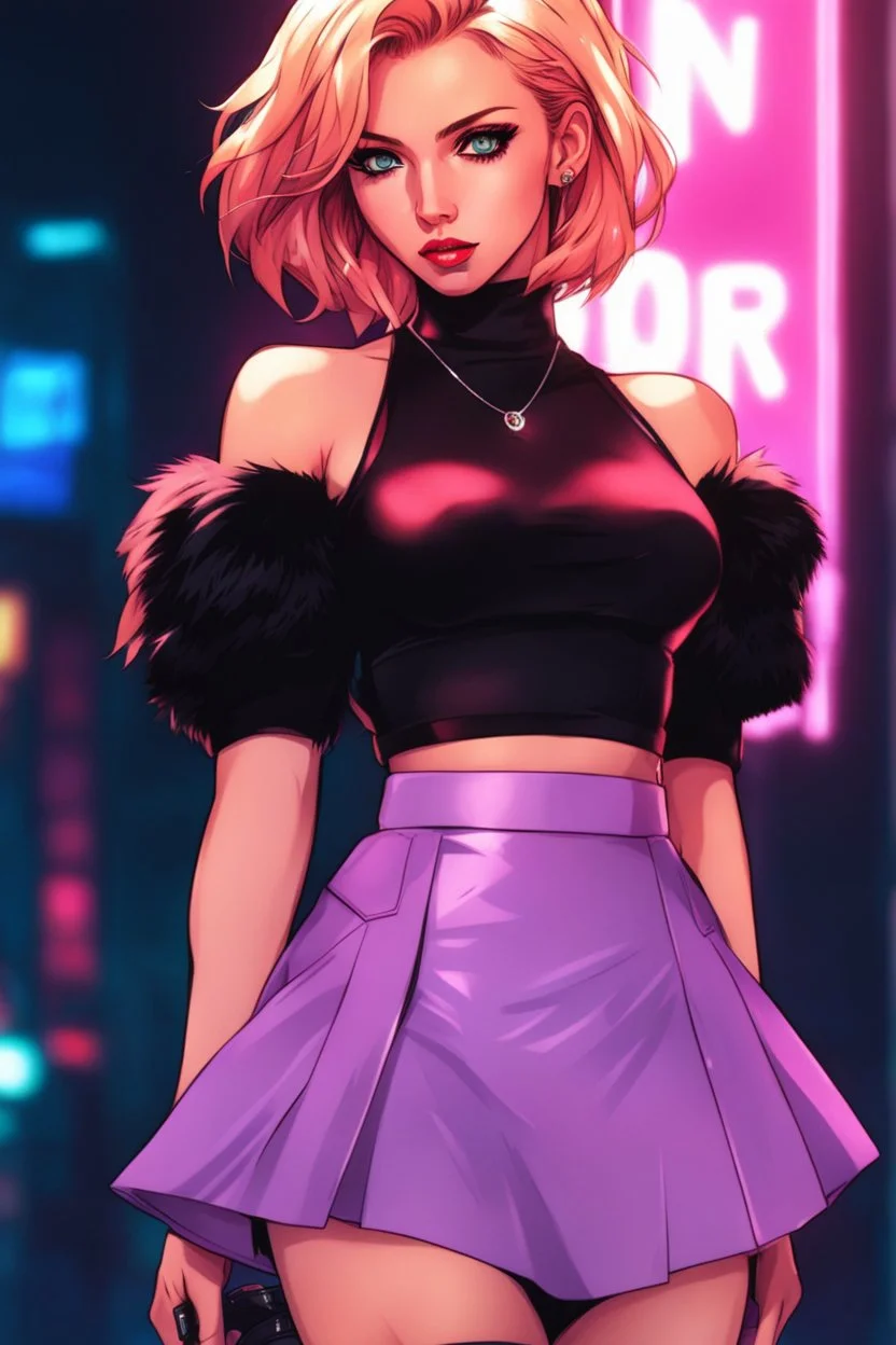 retrowave anime cyberpunk girl, scarlett johanson, furr skirt