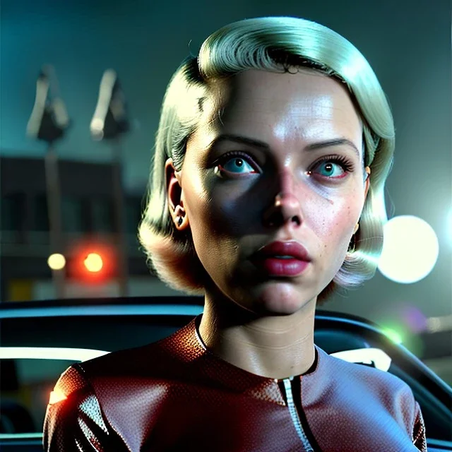 Ultra Realistic retro sci-fi movie burst Supermarket parking scene, 1960 year, waist up view portrait, blonde woman, sweet scarlet Johansson face, perfect iris, glow eyes, face makeup, tight latex coat; many panic people looking, Retro sci-fi style, soft color, highly detailed, unreal engine 5, ray tracing, RTX, lumen lighting, ultra detail, volumetric lighting, 3d, finely drawn, high definition, high resolution.