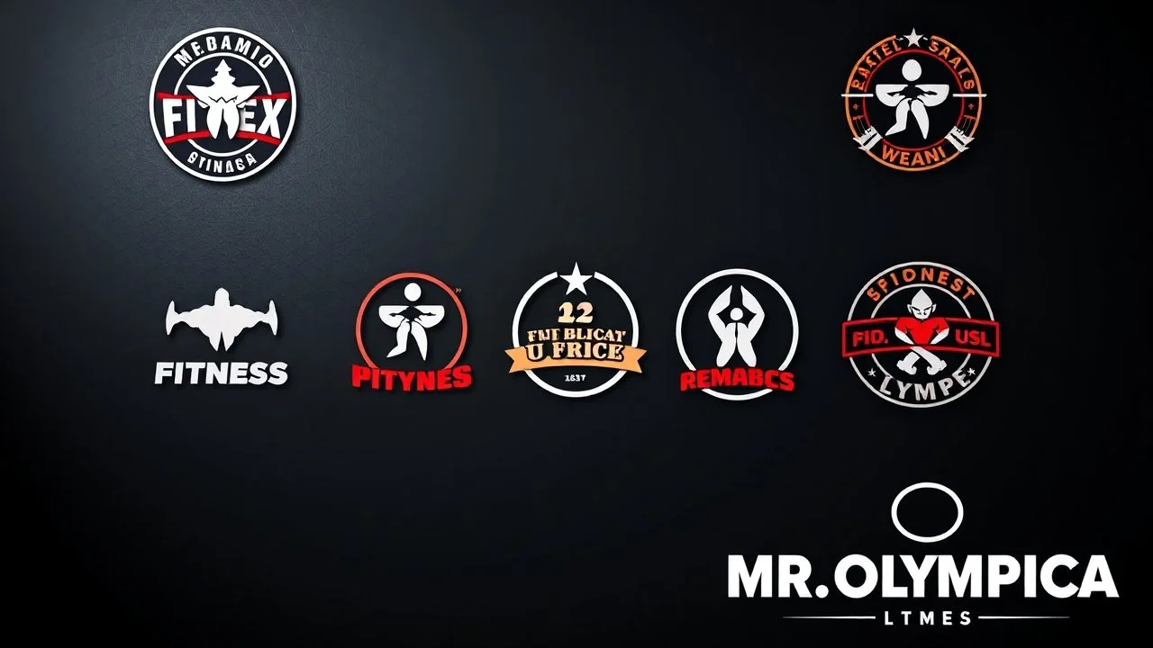 A background suitable for a fitness club with an amazing color theme with several famous fitness logos, bodybuilding logos, and the Mr. Olympia logo at the bottom of the image.