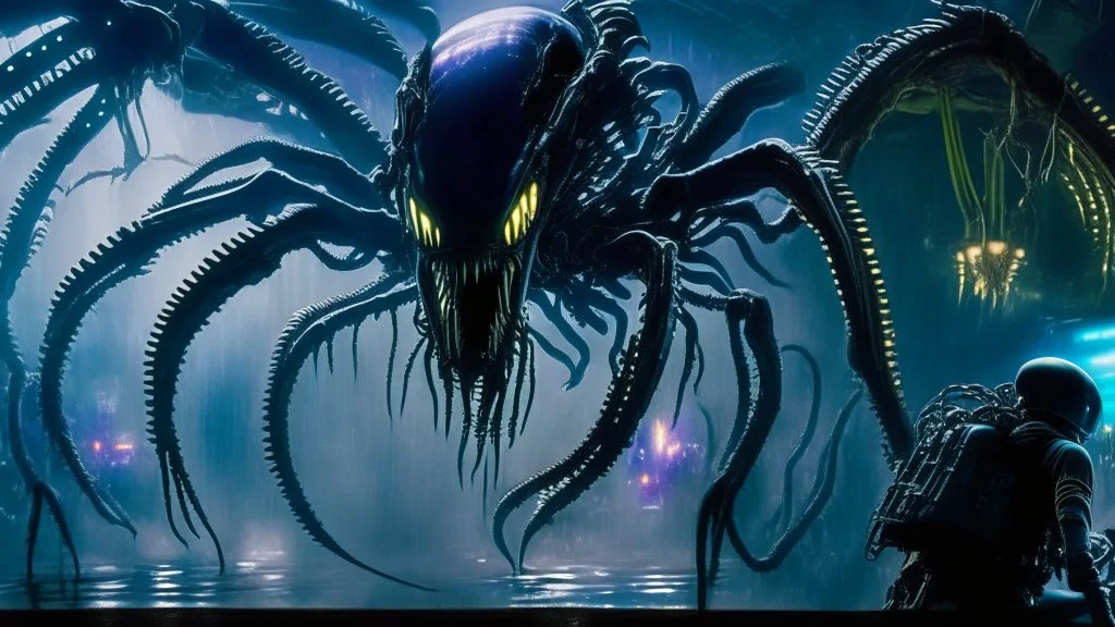 xenomorph FLY SQUID SPIDER hybrid, attacking the happiest place on earth, photorealism, movie screen capture, horror, sci-fi, retrofuturism, with relative xenomorph head,, hunting, stealthy, black exoskeleton, by walt disney