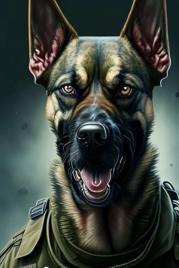 A soldier dog dressed in military combat uniform, digital illustration portrait, dog's face is snarling, aggressive, angry, Craig Miller , futuristic, pulp fiction graphic novel style, hyperrealism, photorealism