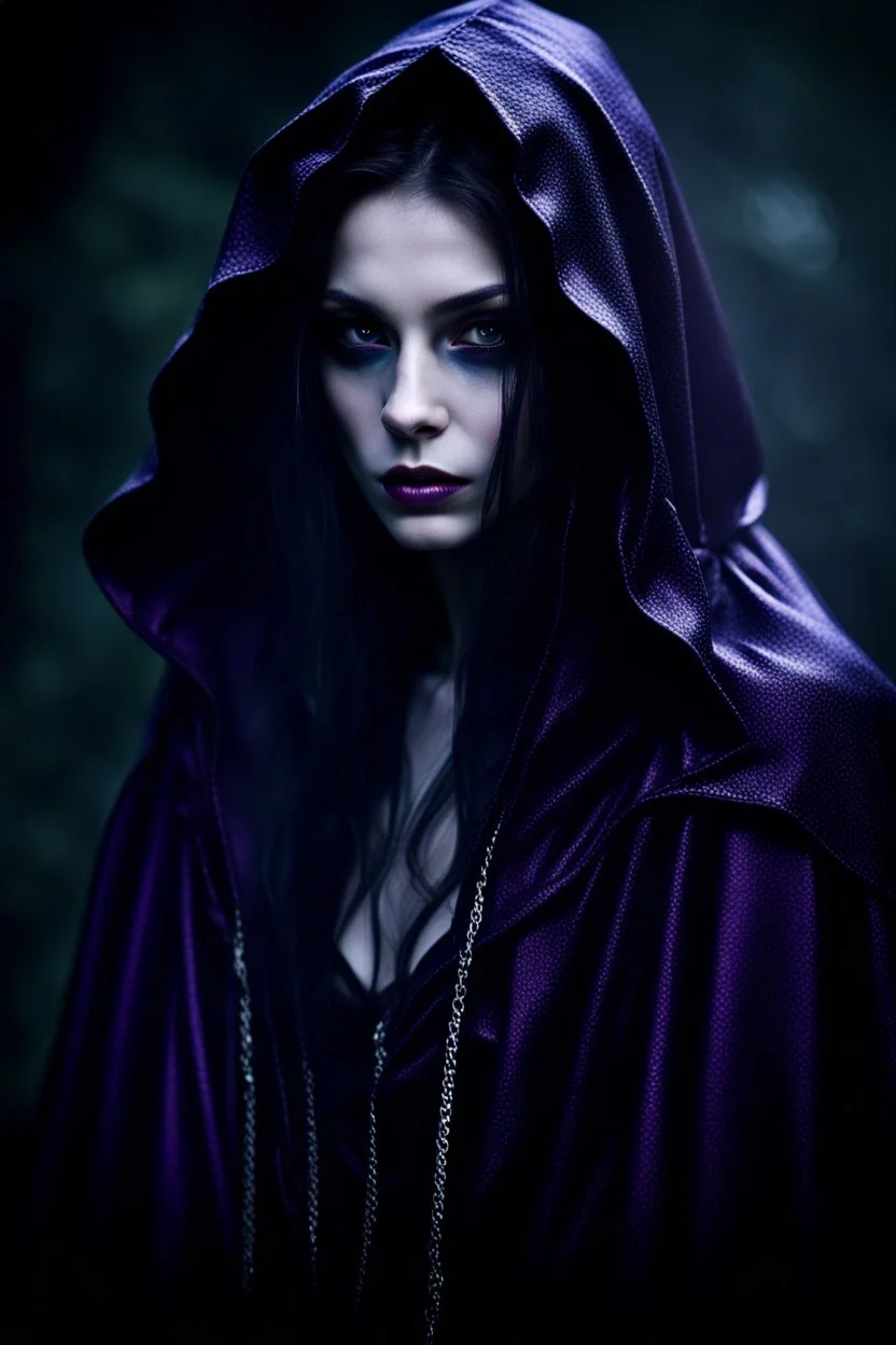 portrait a dark fairy with a pale face, long dark hair lookin at the camrea, in a dark purple shiny black hooded cloak, suggestive deep dark gaze, impressive, perfect, cold beauty with dark wings, dark, sad, gothic mood, atmospheric, smoke, high detalied, high realistic, photorealistic