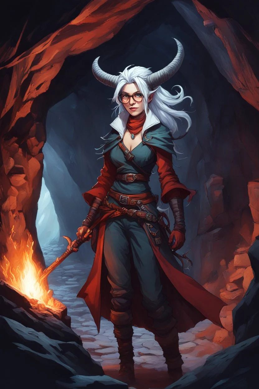 A Dnd Tiefling with a long tail and small horns in a dark cave. A female archeologist with white hair, wearing glasses, in adventurer's clothes. Cunning, beautiful, cool.