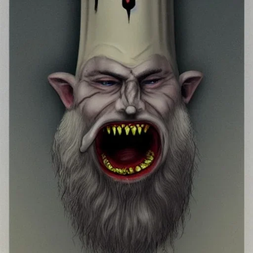 Vampire with yellow eyes with fleshy tentacle beard grey skin and vampire fangs and vampire bat nose as a Russian Orthodox