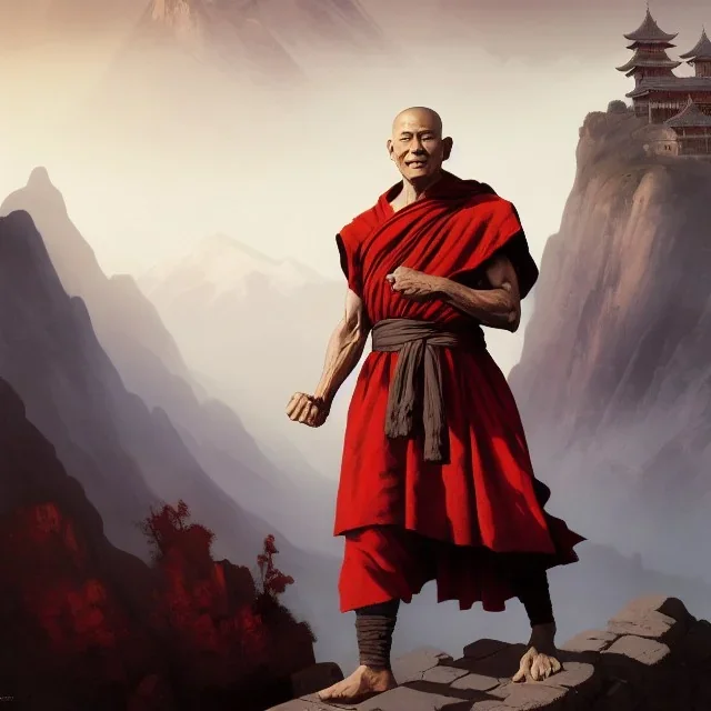 Portrait of a monk, red sash, mountain background, fog, distant temple, face front, grim, Frank Frazetta, Greg Rutkowski, hyperdetailed, dnd, trending on Artstation, Splash screen art, dynamic lighting, hyperdetailed, intricately detailed, a masterpiece, 8k resolution, high contrast, bearded,