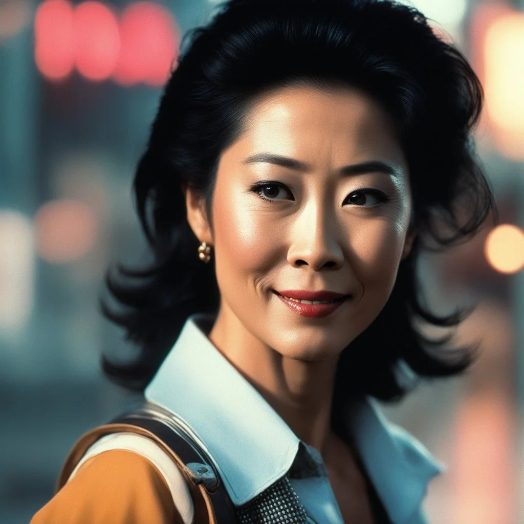 [vintage style noisy scratches glitches, Shot the texture and then rewound the film and double exposed the face] Michelle Yeoh Buckaroo Banzai