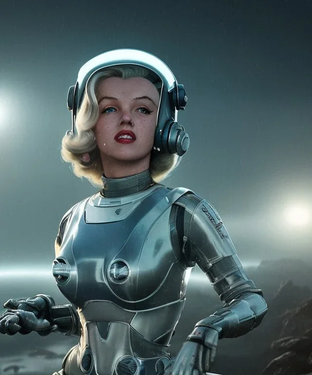 Ultra Realistic retro sci-fi 1960 scene, waist up view portrait, blonde woman, sweet young Marilyn Monroe face, perfect iris, tight latex coat, Strange planet background, Retro sci-fi style glass helmet, sphere dron, fog, rain, soft color, highly detailed, unreal engine 5, ray tracing, RTX, lumen lighting, ultra detail, volumetric lighting, 3d, finely drawn, high definition, high resolution.