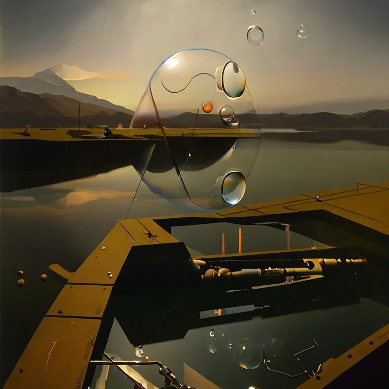 dusk landscape with lake,boat and human body, universe-like Soap Bubble,complex surgical instruments mixed with human body-like musical instruments,minimalism,Painting By Adrian Ghenie, Rene Magritte, Salvador Dali, Lucian Freud