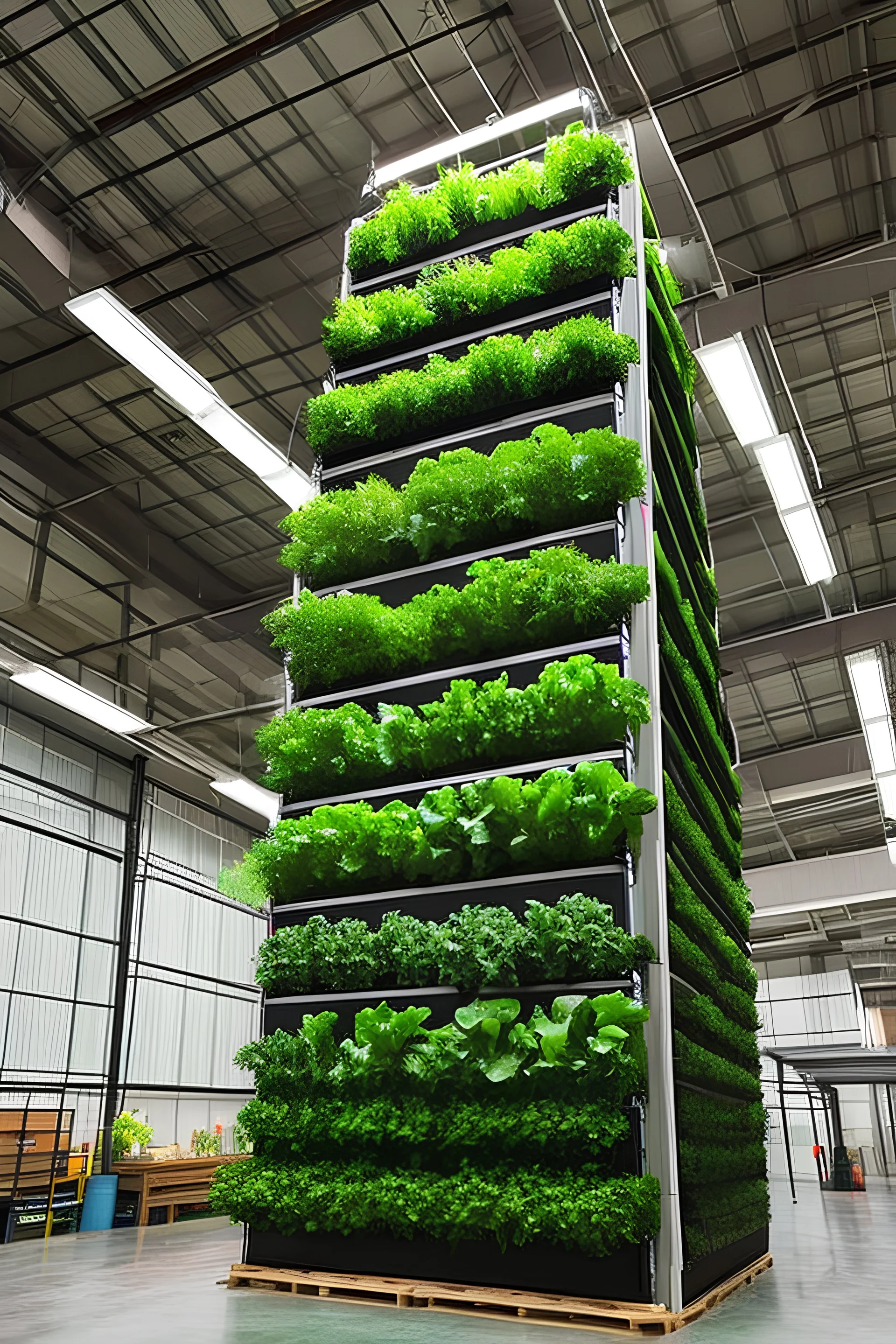 a vertical farm inside a warehouse. Show 12 vertical units The setting should be futuristic and sustainable.