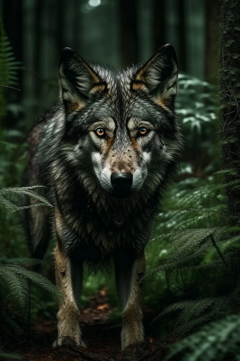 dark and tranquil bosque with much flora and rain, a wolf looking at the camera with sharp eye