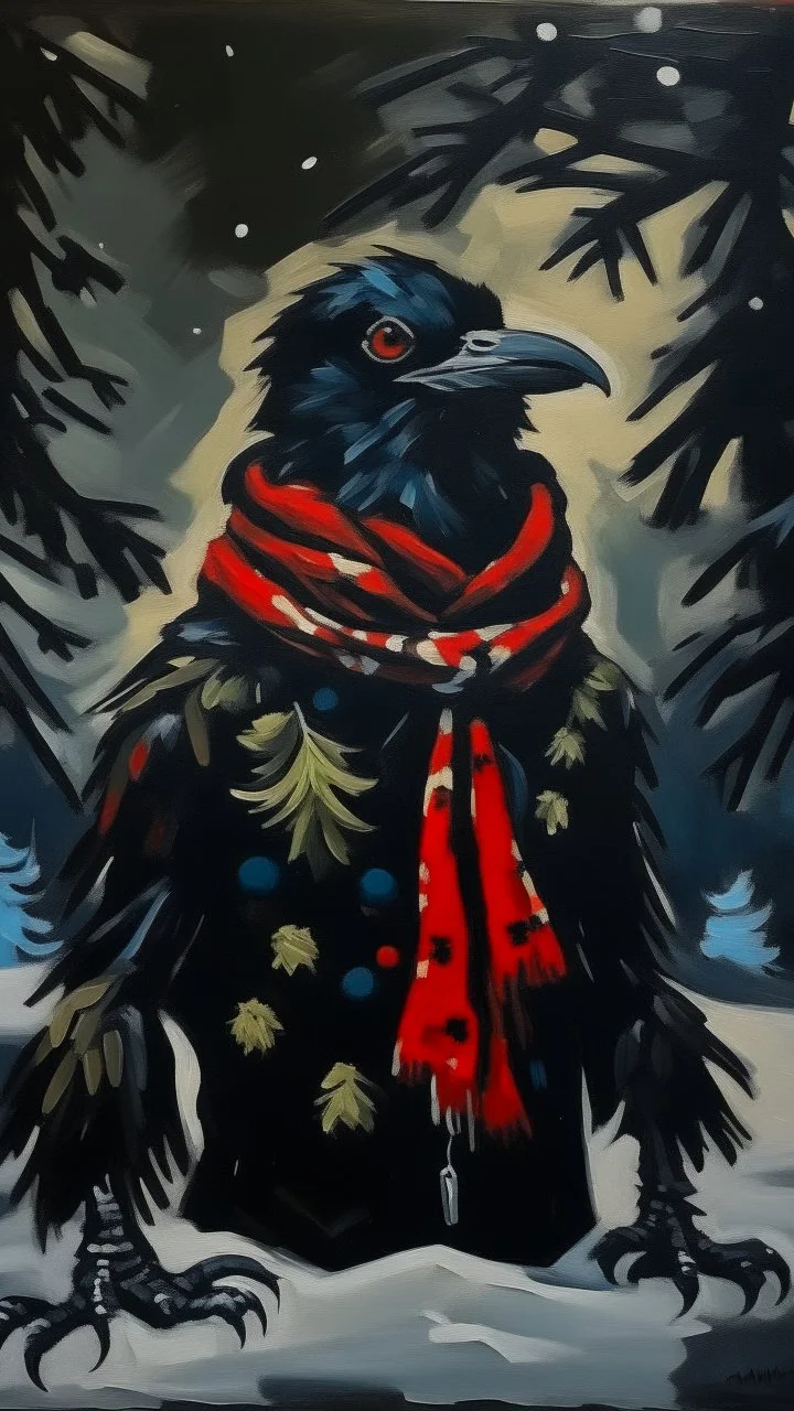 An oil painting by Miyazaki and Matisse of a human-like crow adorned in a punk leather jacket within a snowy Christmas atmosphere.