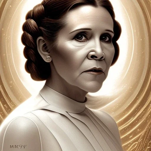 hyperspace background, complete and photo realistic detailed head to waist stunning photo realistic portrait of carrie fisher as Princess Leia in star wars with photo realistic minimal updo hair by Mandy Jurgens and mucha and Richard Schmid and chuck close and chie yoshii, extraordinary and detailed ceremony dress of star wars,brown eyes