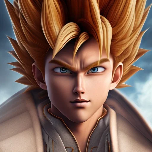 Son-goku close up, face, extreme details, glowing hair, realistic, unreal engine, 4k, steam punk art