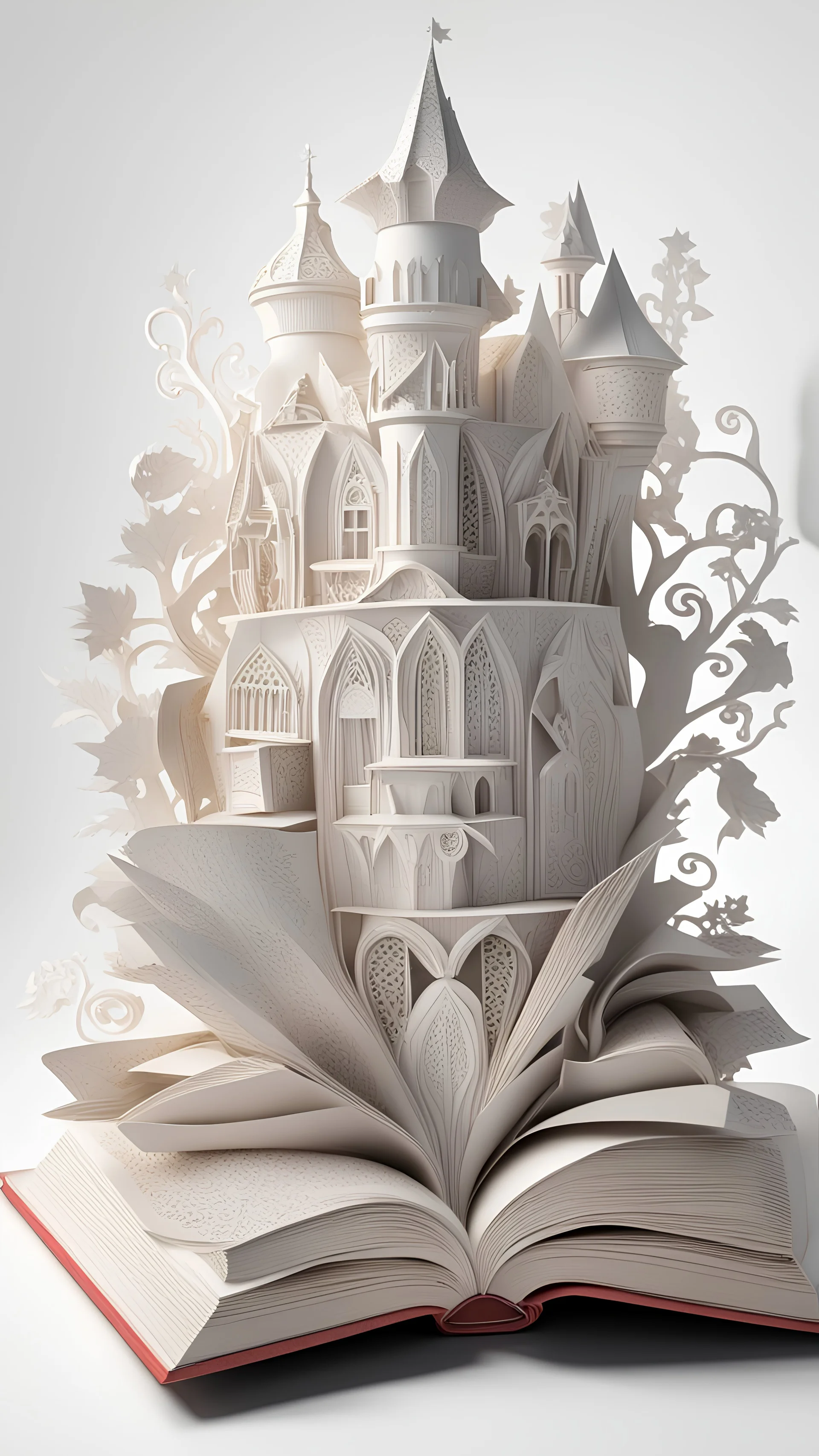 a pile of beautifully ornated fairytale books; Papercraft, fairytale, children popup book, soft shadows, ambient occlusion, studio lighting, high quality studio advertising photography, 8k, white paper, white background, monochromatic