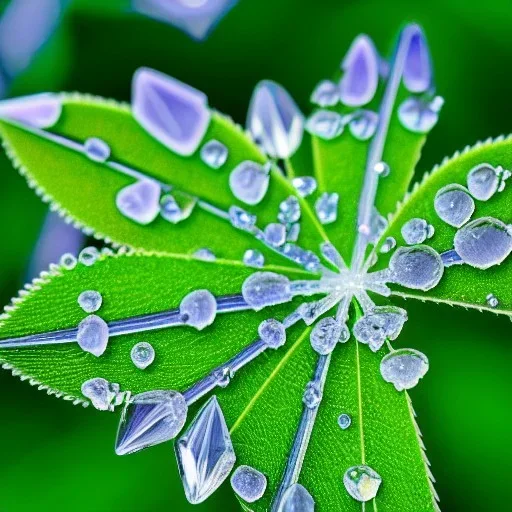 There are many green pointed tender leaves on the flower branches, many crystal clear lavender flowers, and translucent petals curled around its wet flower center. There are crystal dew on the flowers. The hazy gray blue background is clear, and several transparent snowflakes are falling,HD --ar 9:16