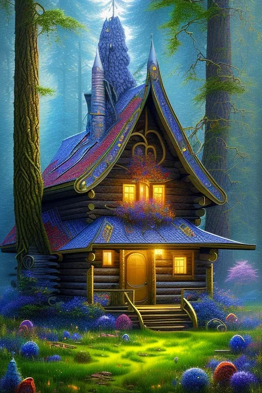 mystical forest, wooden cabin, fine detail, high quality, Neo-Impressionism, mystical, purple blue yellow silver teal black olive azurek, red, pink, brown, sharp focus,