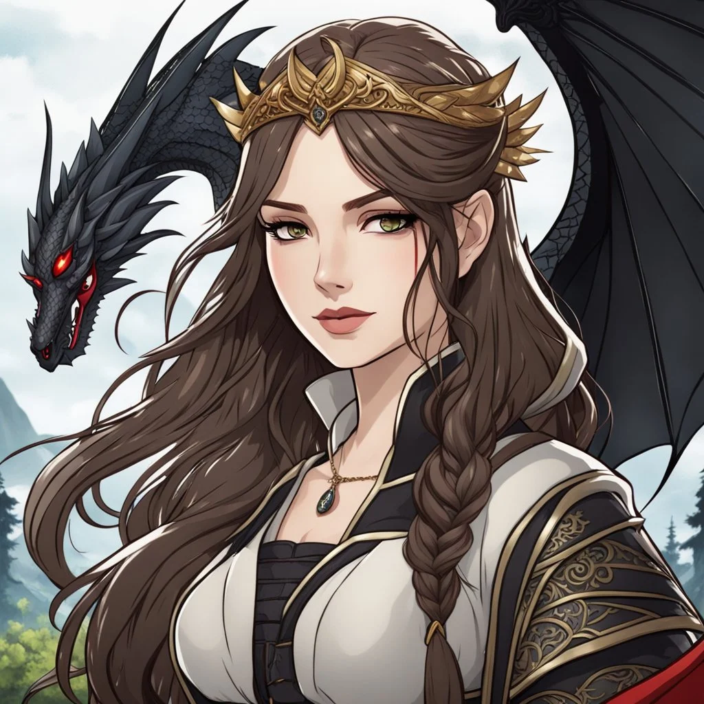 Icon or avatar. An arrogant looking young woman with pale skin and long brown hair in an outdoor fantasy setting with intricate details with a dragon flying in the background. She is smirking, wearing black and read leather, has red eyes, an air of malevolent power surrounds her. Anime style. High definition.