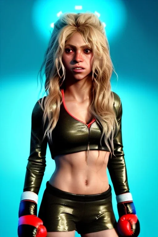 portrait, Shakira, blonde artist, angry, Realistic image, boxing robe, hoodie, mouthguard. loose long hair, eyes make up, perfect, glow, circle iris. Neon colors, leds, geometric shapes. Dark background, photo studio, neon lights. concept art, smooth, unreal engine 5, god lights, ray tracing, RTX, lumen lighting, ultra detail, volumetric lighting, 3d, finely drawn, high definition, 4k.