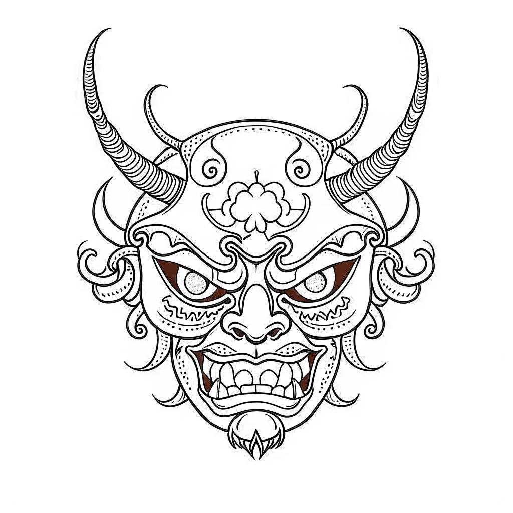 White, minimalis line art , cute oni mask japanes , vector, white background, outline, with images neatly contained within the background, just black and white color, tatto style.