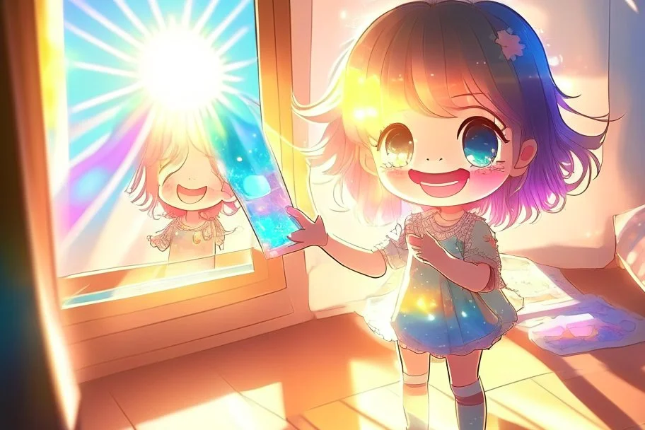 cute chibi holographic girl takes a picture in her hand and looks at it happily in a room in sunshine