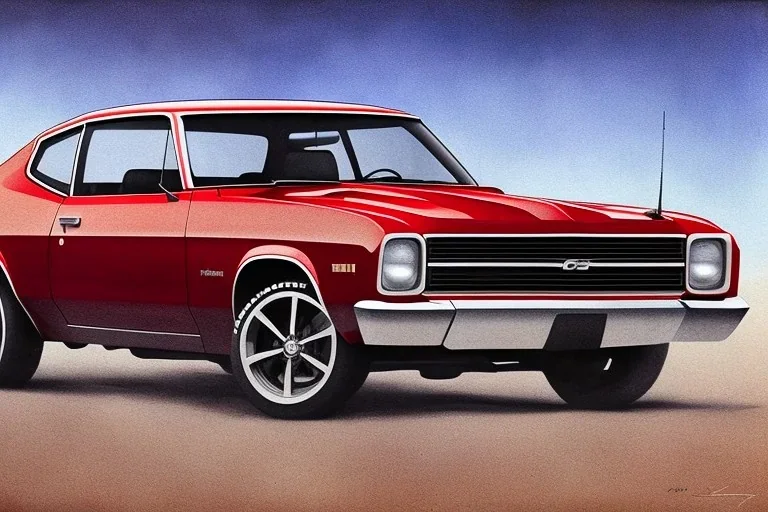 a true-to-life 1971 Chevrolet Vega, classic wheels, two-color paint, centered, intricate, extreme detailed, photorealism, center view, stylized random background, pivot on chevrolet, pen and color marker painting by cheryl kelley