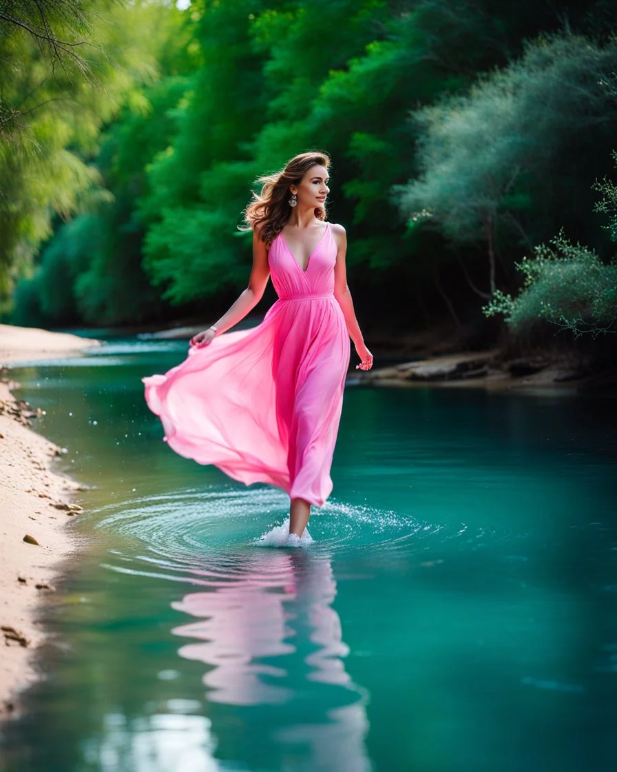 beautiful girl in pretty pink -blue dress walking in water toward camera in trees next to wavy river with clear water and nice sands in floor.camera capture from her full body front, spring blosom