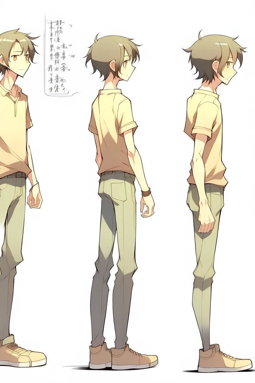 Anime man side character with gum hands and legs , ,small muscles, aged 20