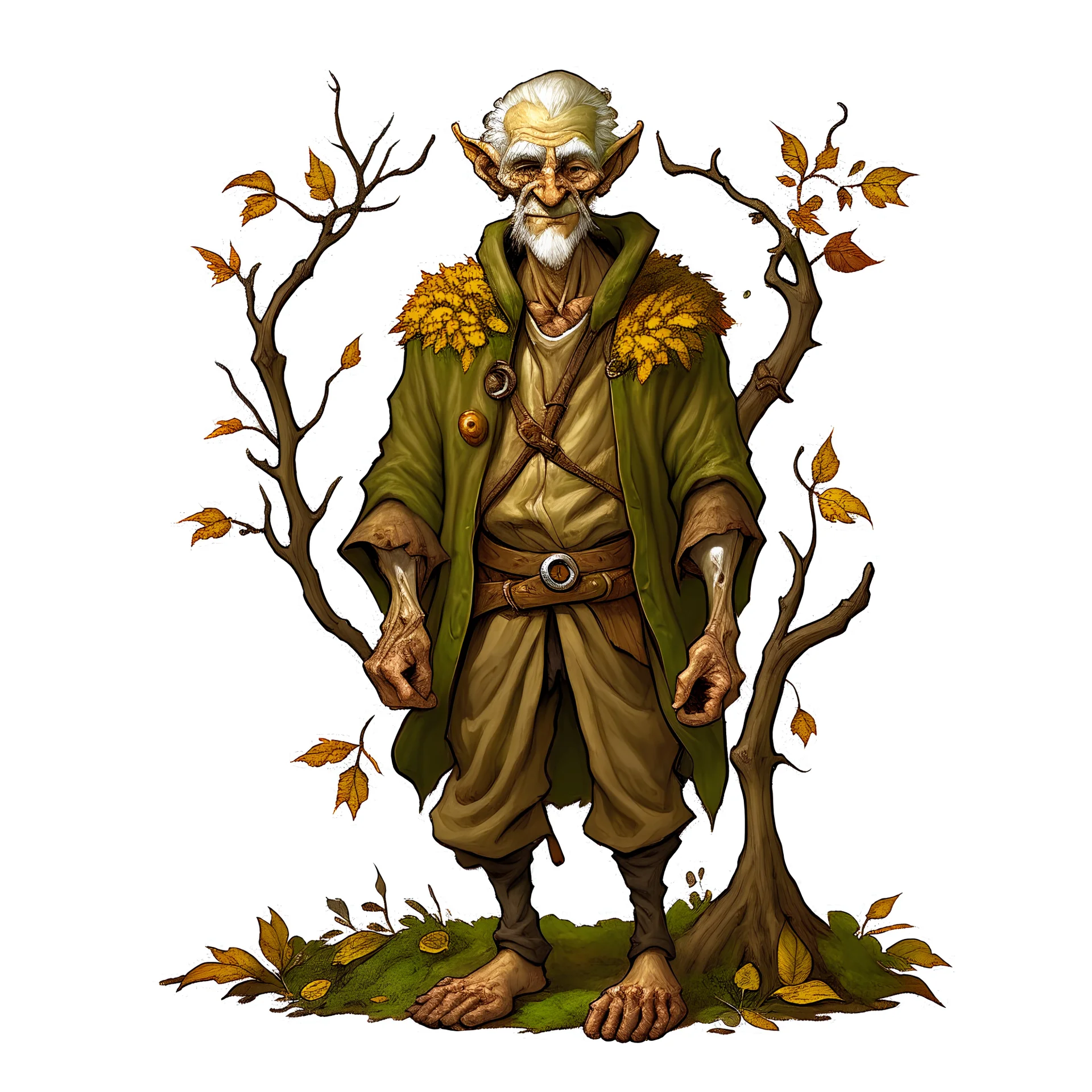 (round) (dnd token) full-body portrait of bent-back old withered male autumn wood-elf, artstation, no background