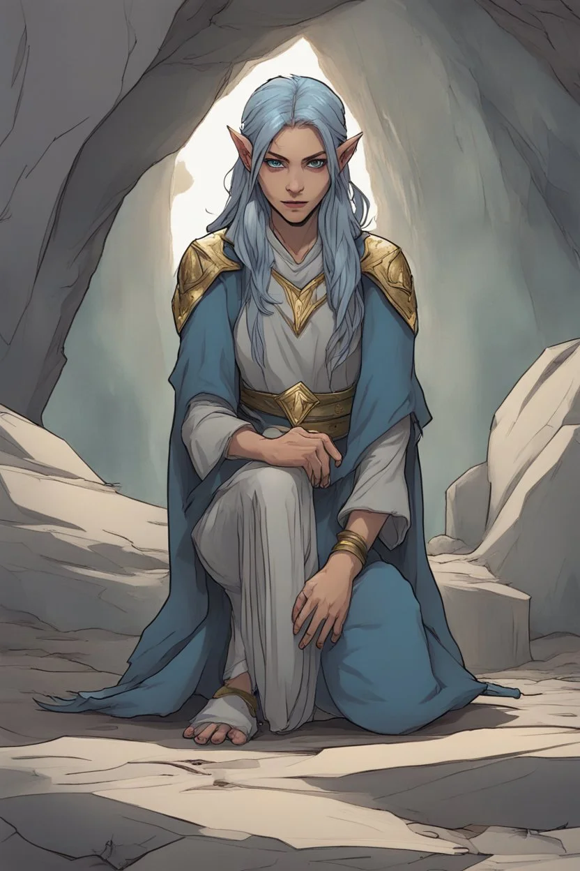 Dnd character on her knees in a cave. A female Elf twilight cleric with black and blue hair and golden eyes, wearing gray robes. Etheral, beautiful, strong.