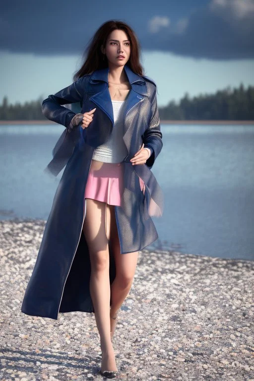 half body shot,realistic portrait of a 20-25 old caucasian model, long blue pink flowing hair, great grey eyes, blue leather jacket,full body, short white skirt,long legs,standing at beach of very nive lake with sunset ,clouds,godrayes