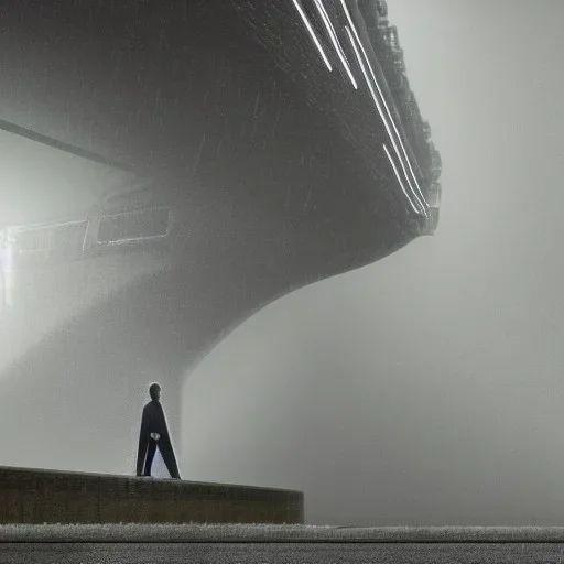 A princess standing. Epic scale. Heavy cold rain. Thunderstorm. An engineer looking up. Futuristic scenary. Gray mist.