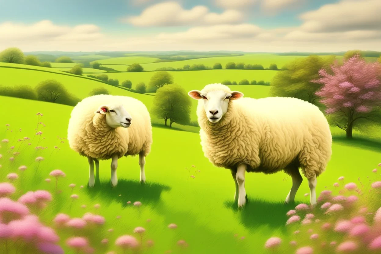 bucolic English countryside, peaceful sheep grazing in bright green grass, tiny colorful wildflowers Modifiers: extremely detailed bright studio setting 8k rose tones oil on canvas very attractive beautiful