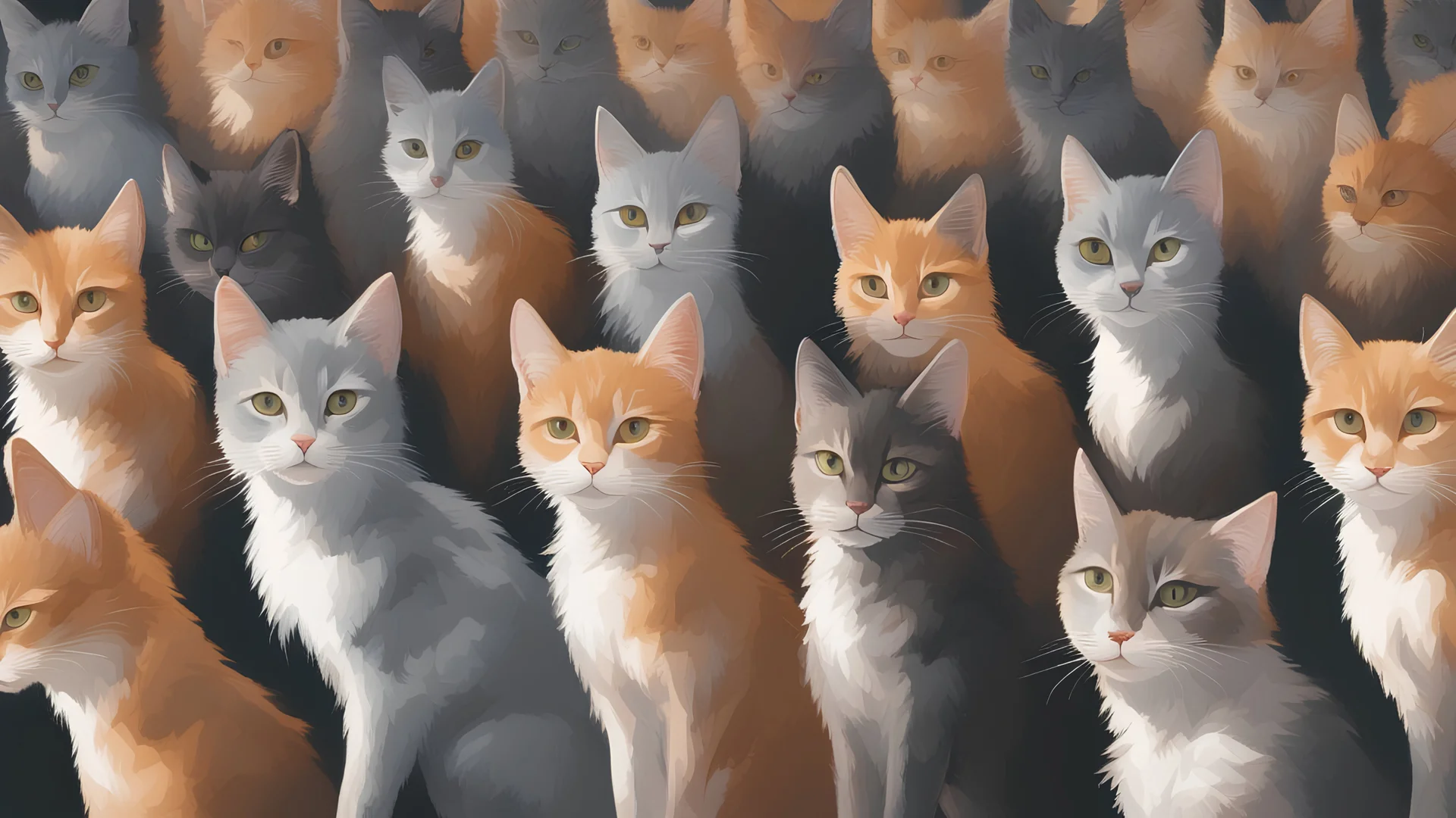 Um bando ágil de gatos das sombras, movendo-se silenciosamente. Olhos brilhantes e pelagem escura camuflam-se nas sombras.