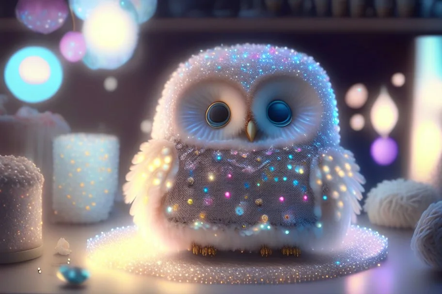 cute chibi plushy fluffy knitted and embroidered natural colored owl with cake in a kitchen, feathers, iridescent flowers incorporated, light emitting, bioluminescent holographic room, silver foil, sparkling diamonds, holographic raw pearls, ethereal, cinematic postprocessing