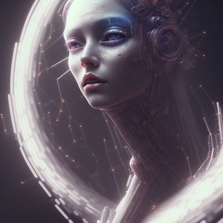 A beautiful portrait of a cute cyberpunk woman crying, grain on the skin, orange color scheme, high key lighting, volumetric light high details with white stripes and feathers full length clean art NFT, soft lighting, soft pastel gradients, high definition, blender 3d cinematic, op art, visionary art, sacred geometry, fractal, white balanced