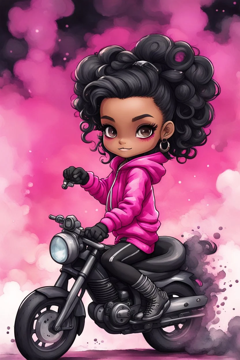 Create a watercolor illustration of a chibi cartoon full figure black female riding a sports motorcycle. She is wearing hot pink hoodie and black tights with biker boots. Prominent make up with log lashes and hazel eyes. Extremely highly detailed black shiny wavy hair up in a messy bun. Background of smoke surrounding her and the bike and she's at a bike show.